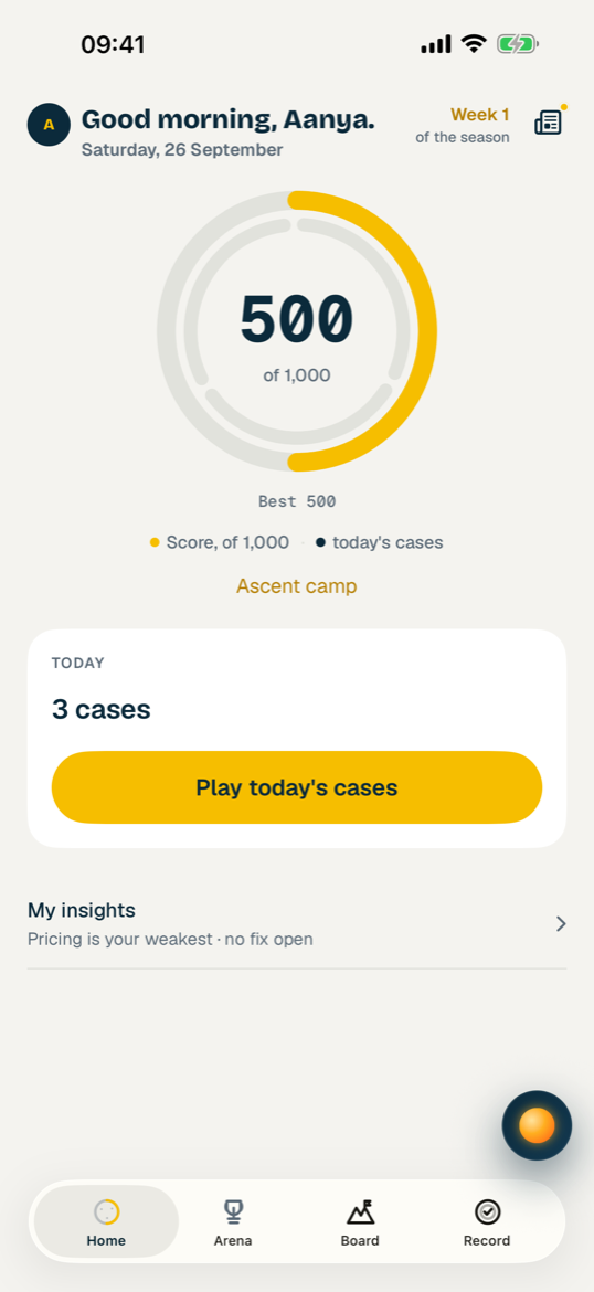 The ScaleUp home screen: your Score and today's cases